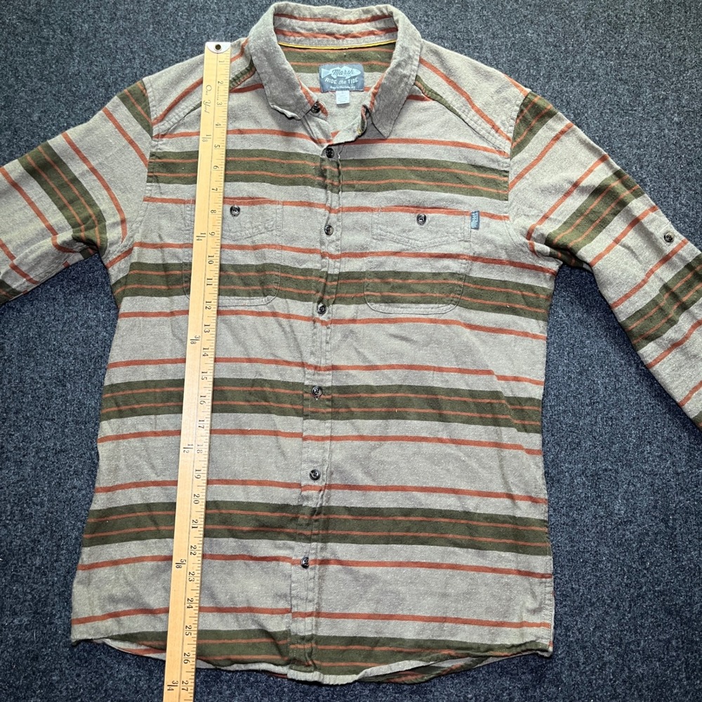 Marsh Wear Button Down Mens Small Tan Green Stripe Roll Tab Flannel - Picture 6 of 6